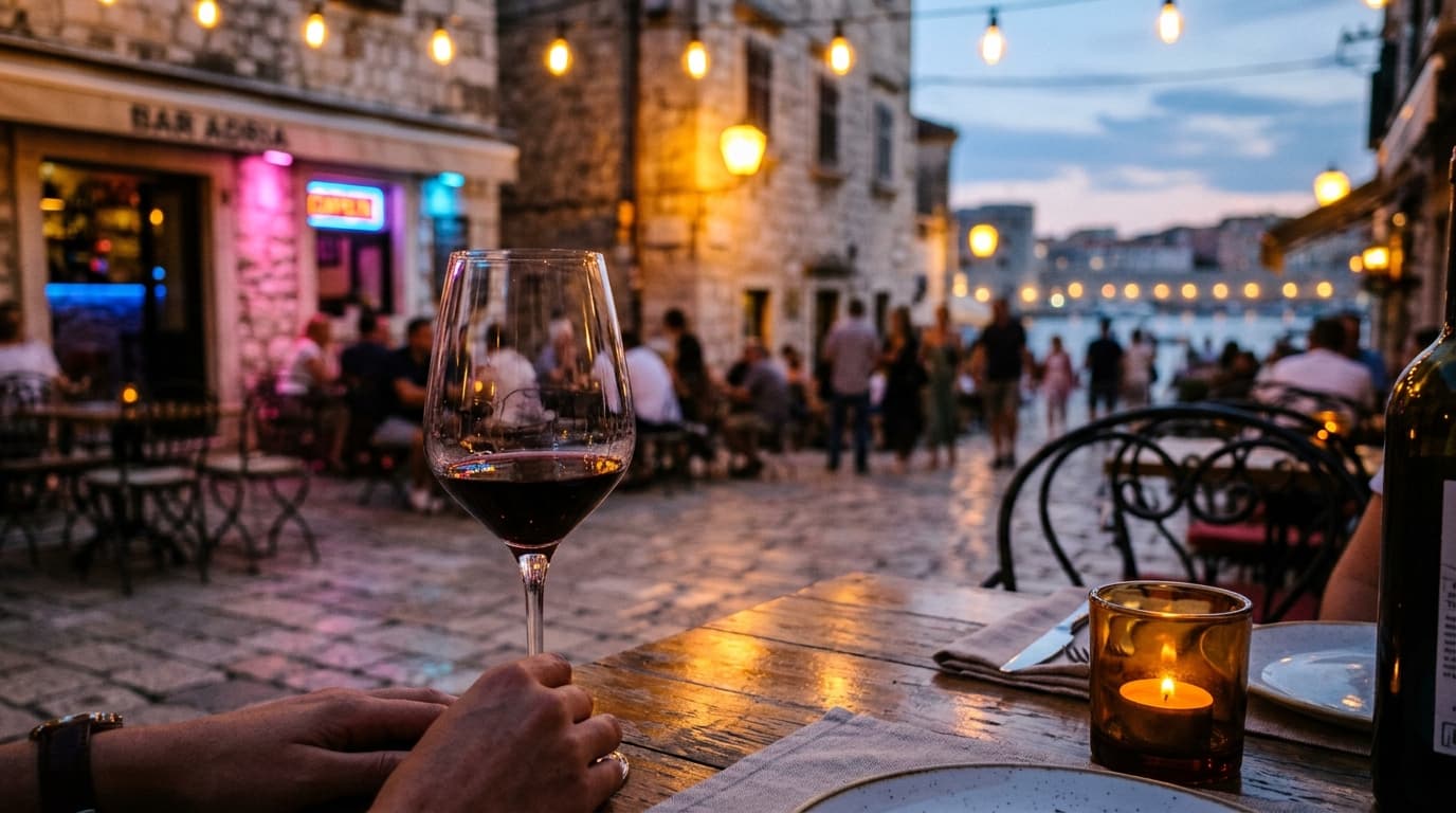 A close-up, 85mm portrait shot, offset left, captures a single crystal wine glass reflecting blurred European-style stone...