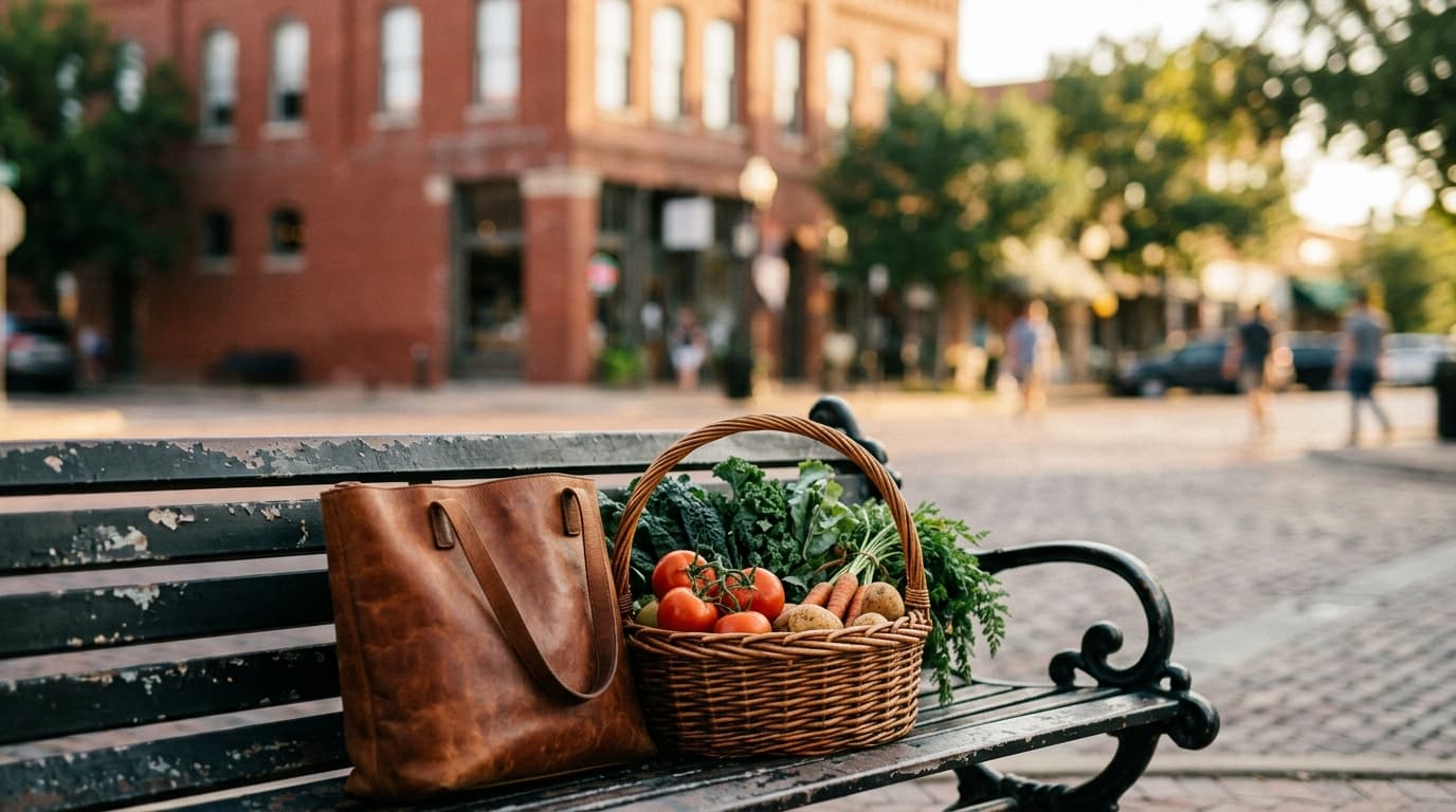 A 50mm shot at golden hour showing a leather tote bag and a wicker basket of fresh produce resting on a weathered iron ben...