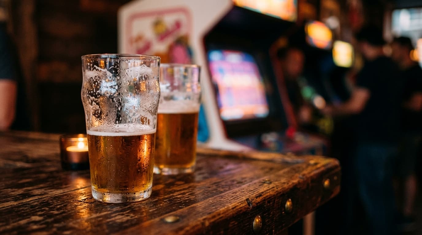 A macro close-up of two half-poured craft beers on a rustic wooden counter at The Grid, with a glowing, blurred arcade cab...