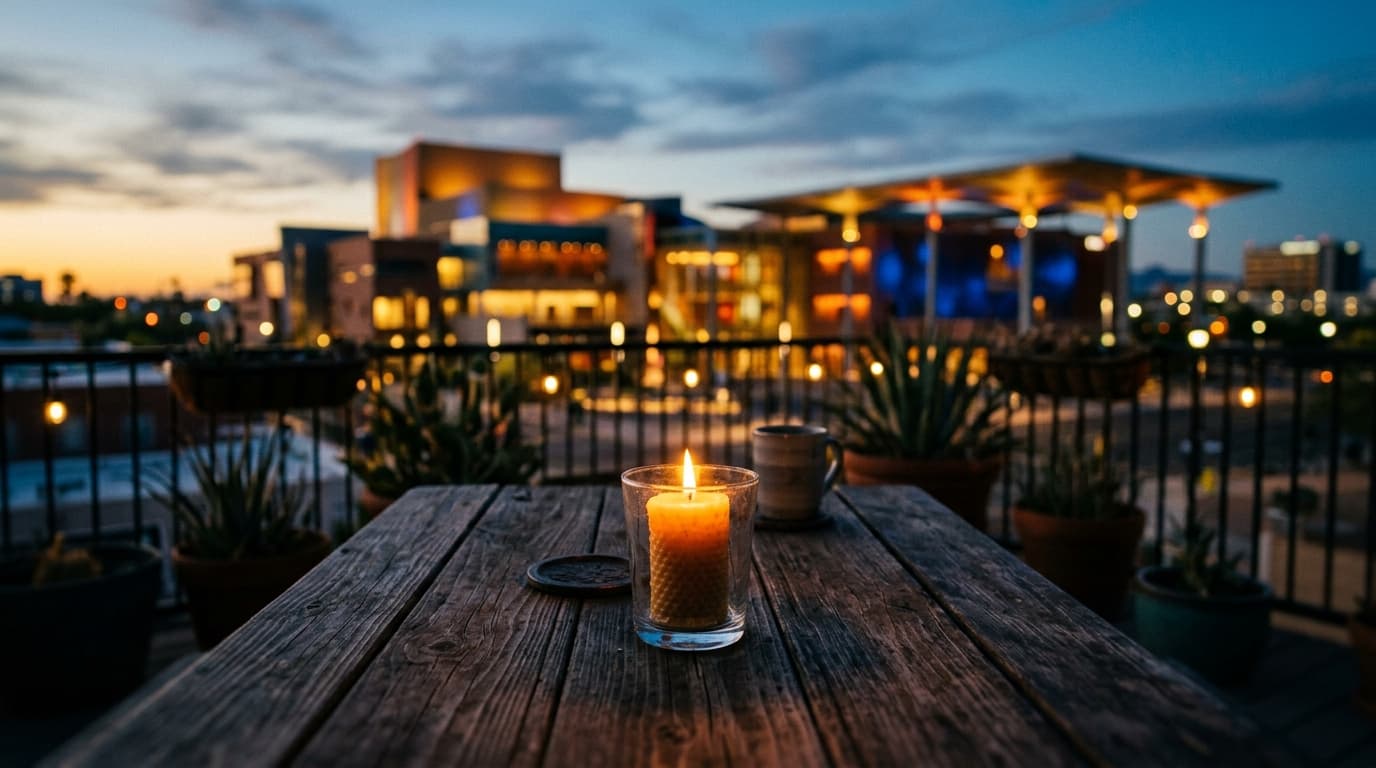 A medium shot captures a flickering candle on a dark wood patio table. A tilt-shift lens blurs the Mesa Arts Center’s illu...