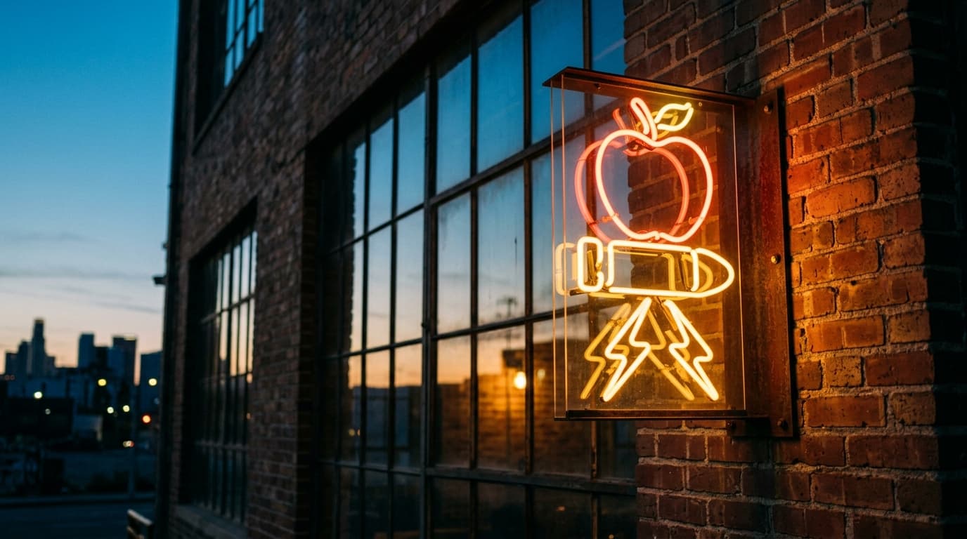 A close-up 35mm shot of the neon Cider Corps sign glowing against a brick wall, natural noon light hitting the industrial...