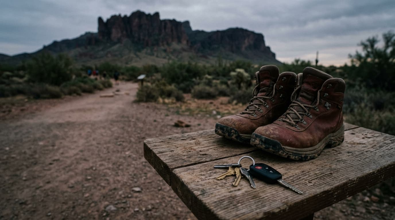 A 35mm documentary shot, overhead angle, shows a pair of hiking boots and a set of car keys resting on a dusty trailhead s...