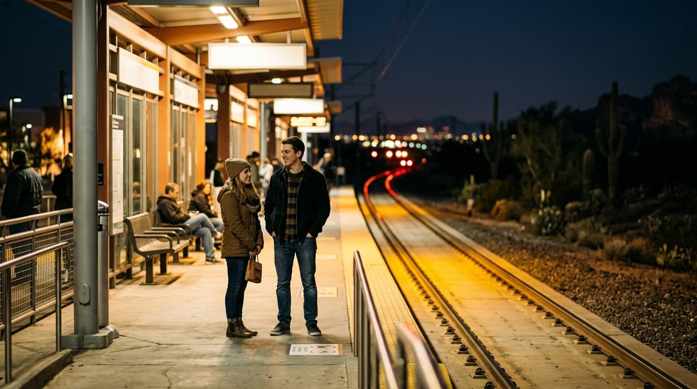 A wide shot of a couple standing on the brightly lit platform of a Mesa light rail station at night, the glowing tracks st...