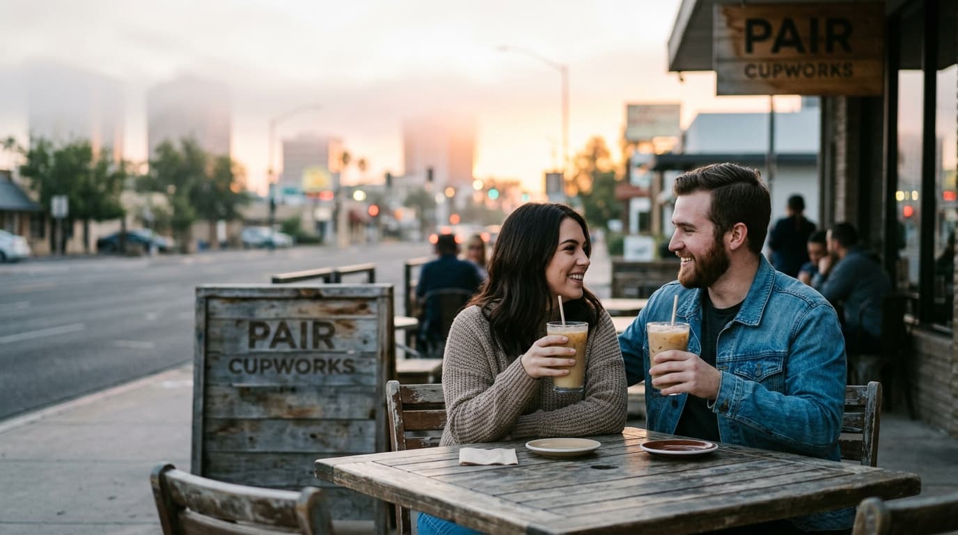 Low-angle hero shot, 35mm documentary style. A couple shares two iced lattes on a rustic outdoor table at Pair Cupworks, o...