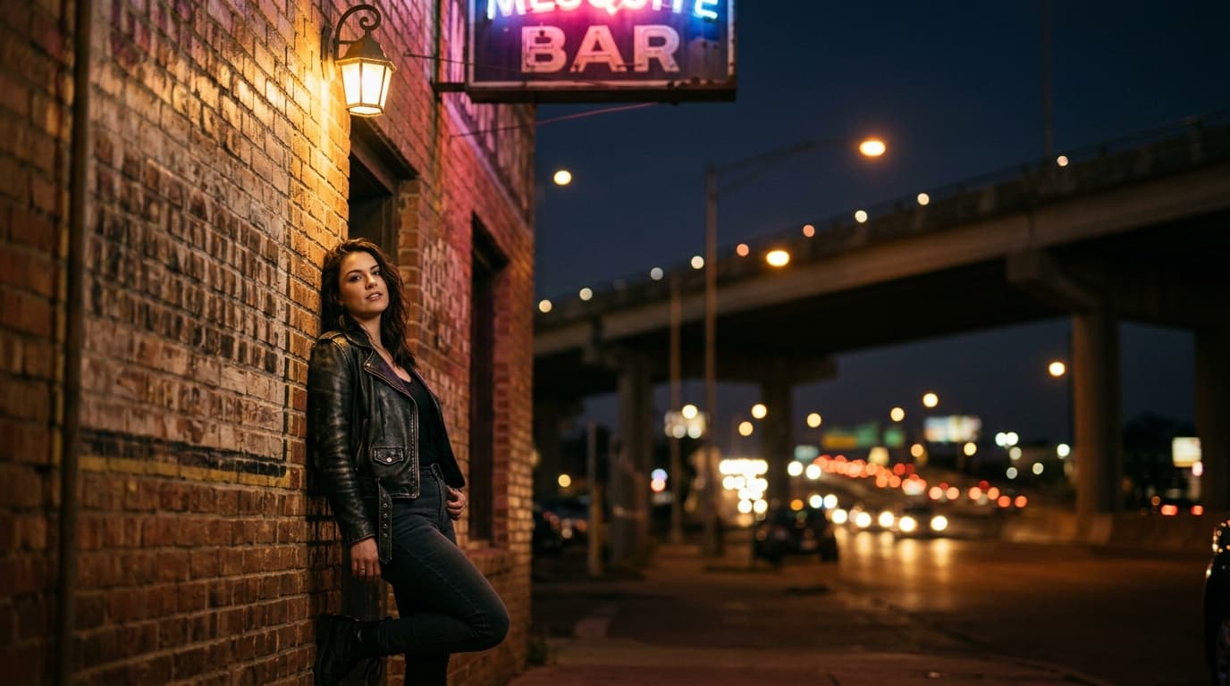 A woman in a leather jacket leans against a brick wall at a Mesquite dive bar, illuminated by amber porch lights. A blurre...