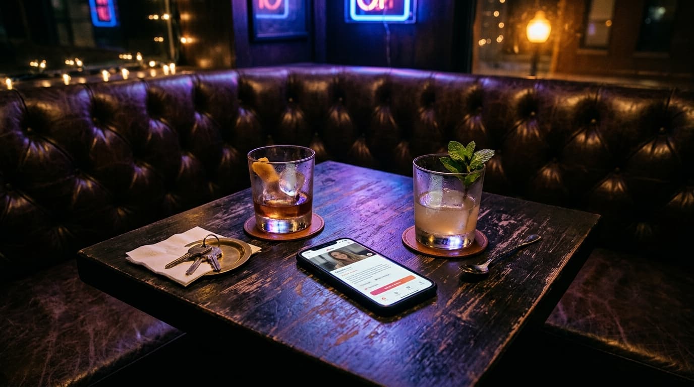 Overhead flat-lay of two half-empty cocktail glasses and a modern smartphone showing an Adult Friend Finder profile, resti...
