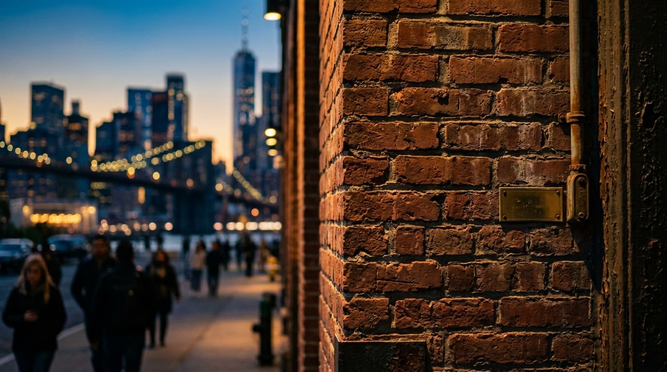 A 35mm documentary shot of the weathered brick facade of Front Street Station during golden hour, the warm light raking ac...