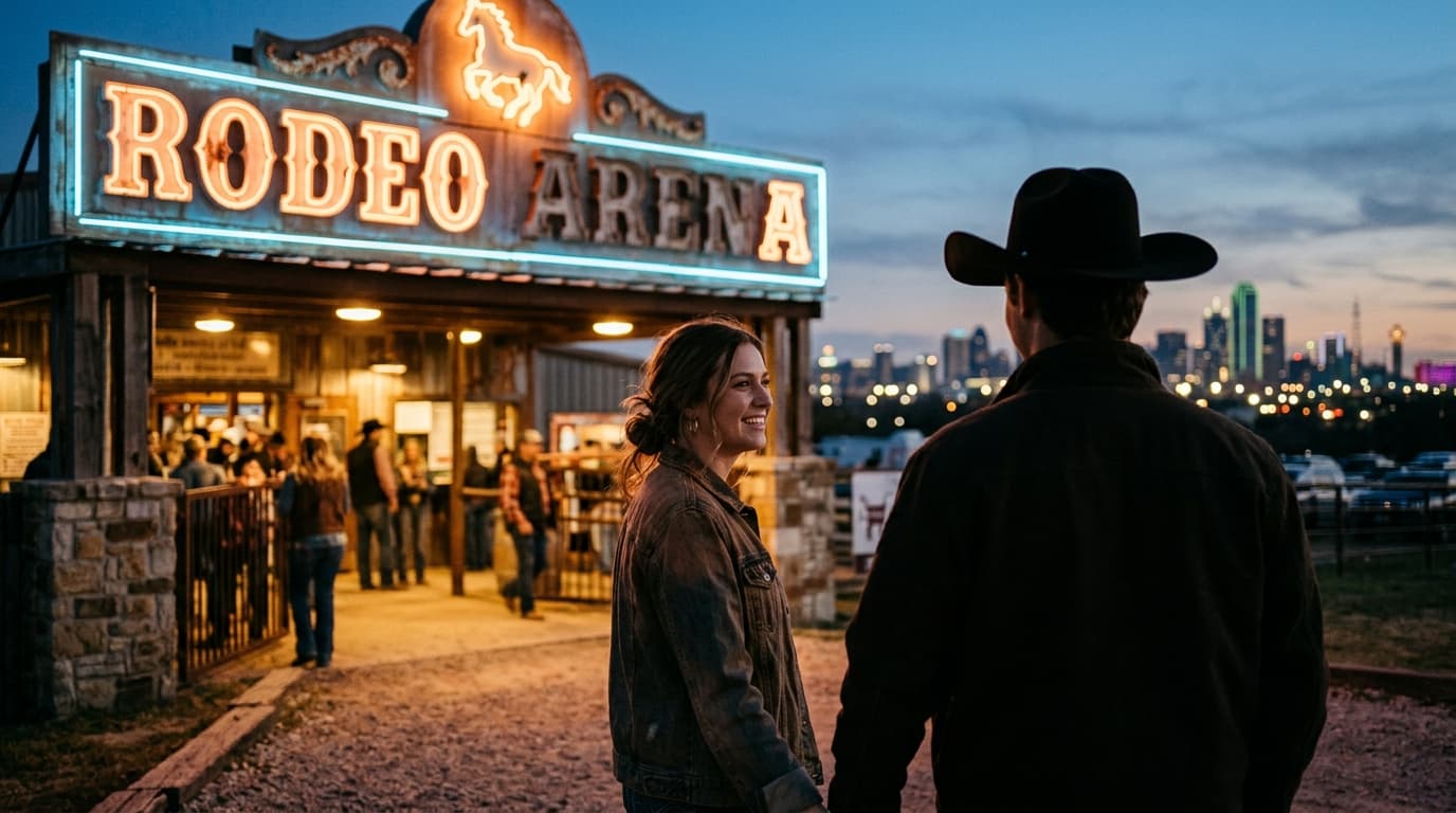 The weathered, neon-lit signage of the Mesquite Championship Rodeo arena glows softly in the blue hour, offset left agains...