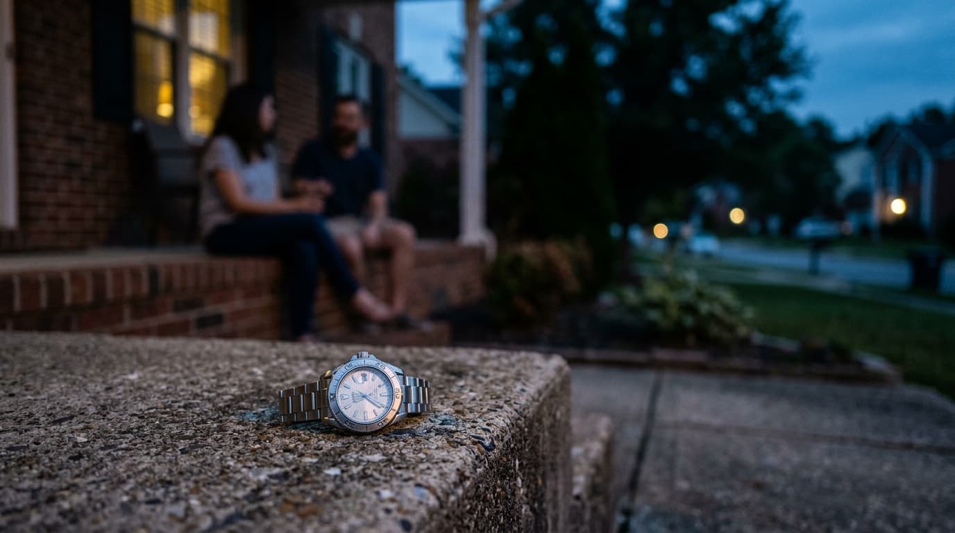 Blue hour, tilt-shift focus on a polished silver watch resting on a suburban concrete stoop. In the blurred background, a...