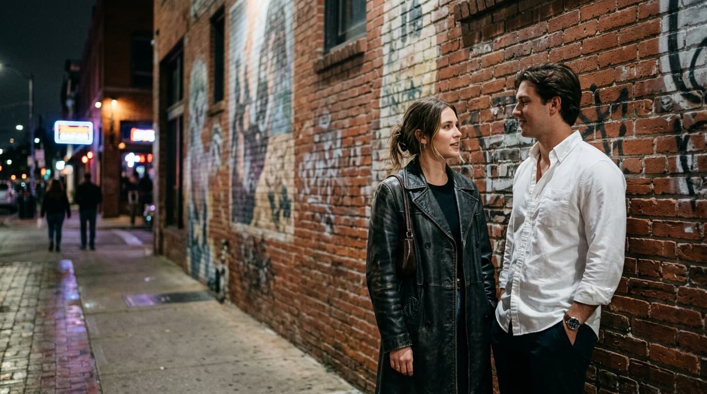 Low-angle 35mm documentary shot, offset right. A couple stands near a Deep Ellum brick wall at midnight. The woman wears a...