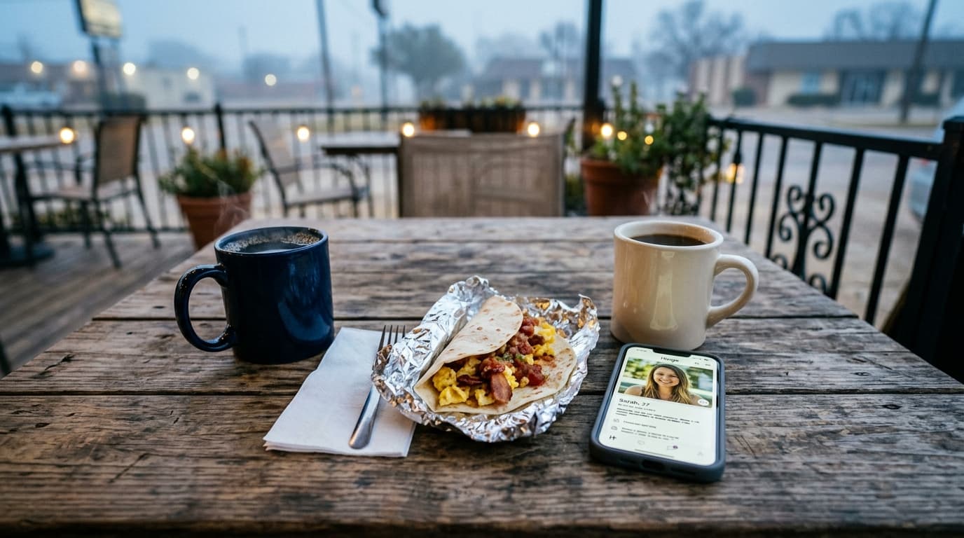 Overhead flat-lay on a weathered wooden cafe table showing two steaming mugs of coffee, a half-eaten breakfast taco wrappe...