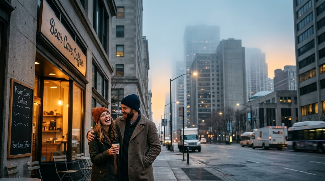 A wide shot from the sidewalk captures a couple laughing outside Bear Cave Coffee at dusk. The warm glow of the interior i...