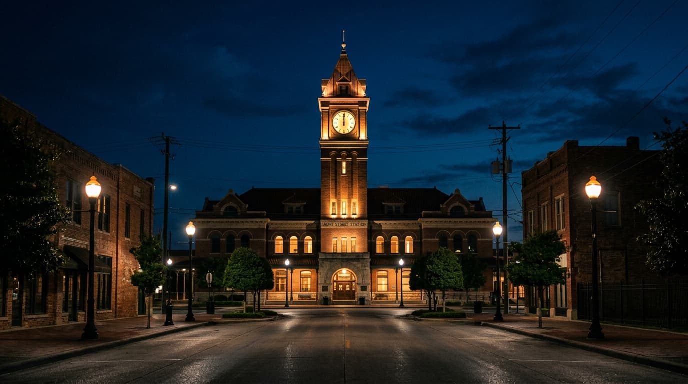 A wide-angle, symmetrical view of the illuminated Front Street Station clock tower at midnight. Warm tungsten lights glow...