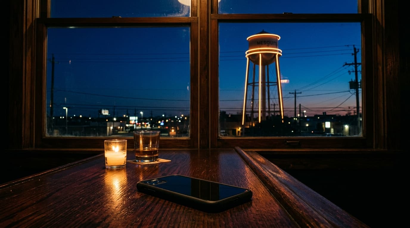 A single unlit smartphone rests on a dark mahogany bar top in the lower third. Through the window, the neon-outlined silho...