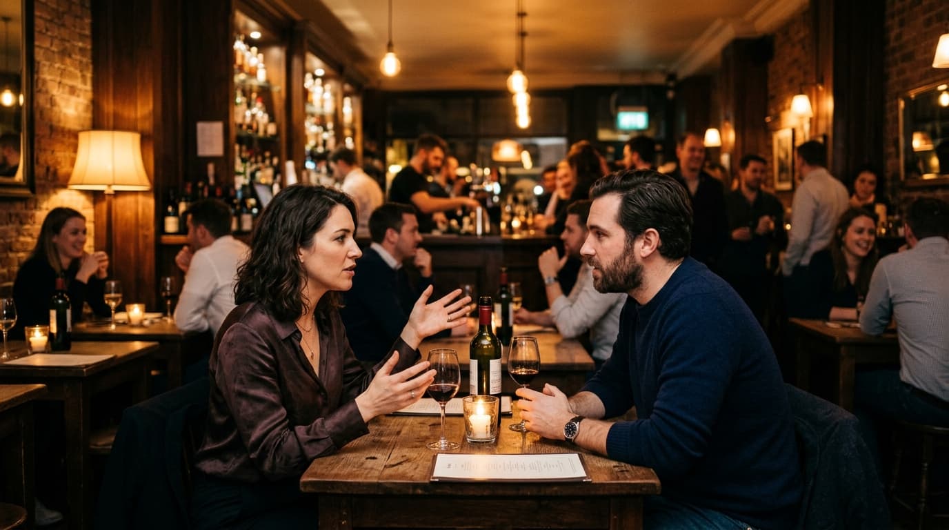 A woman in a silk blouse and a man in a navy sweater sit opposite each other at a dimly lit bar, intensely debating while...