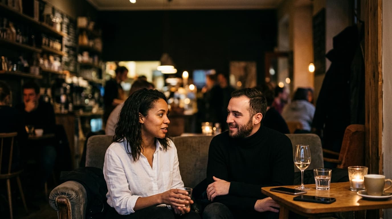 A woman in a white linen shirt and a man in a black turtleneck sit on a sofa, phones placed face-down on a nearby side tab...