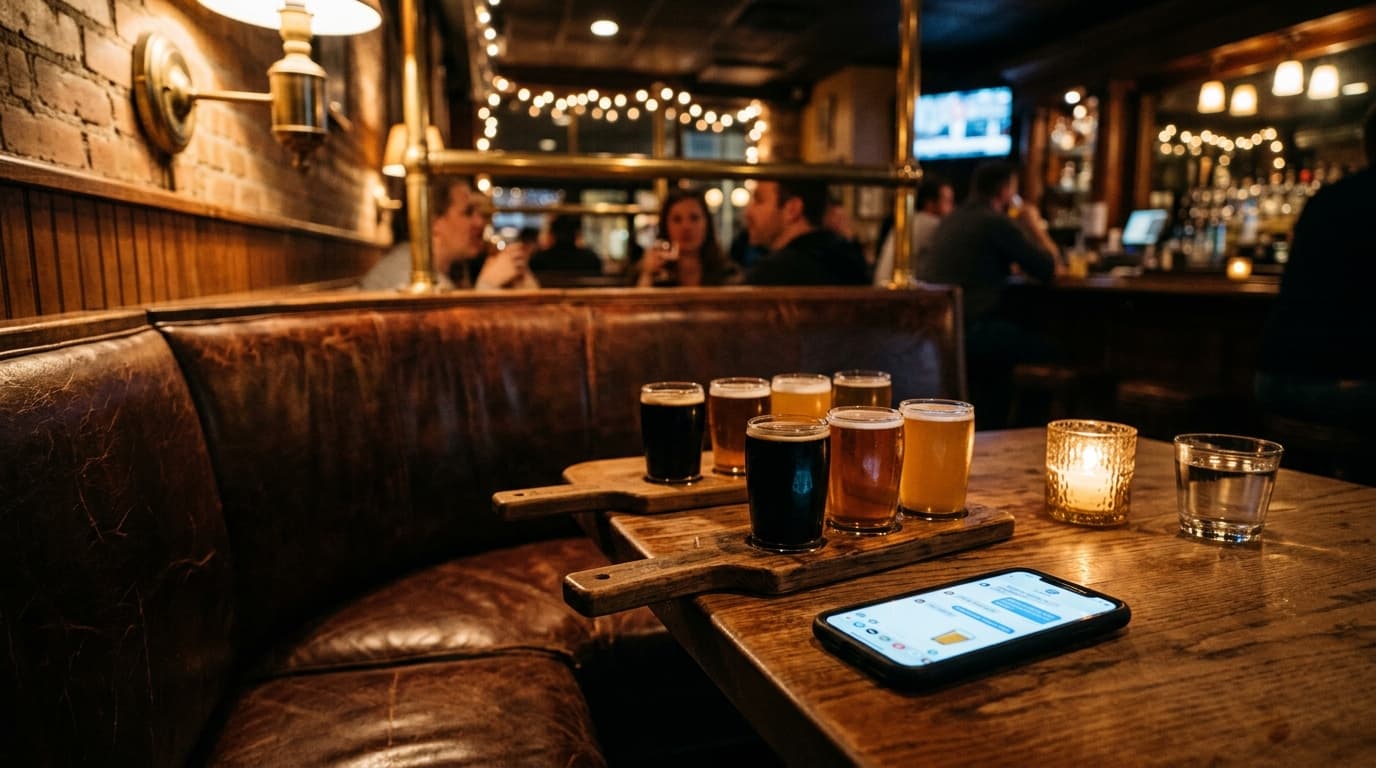Low-angle shot of a leather booth in a Walker’s Point bar. A smartphone displaying a Milwaukee group chat rests beside two...