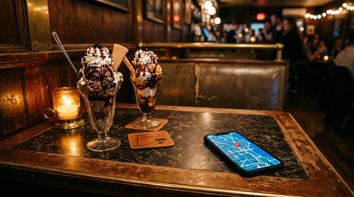 85mm portrait, shallow depth of field. Two ornate, tall ice cream cocktails sit on a vintage, dimly lit laminate table at...