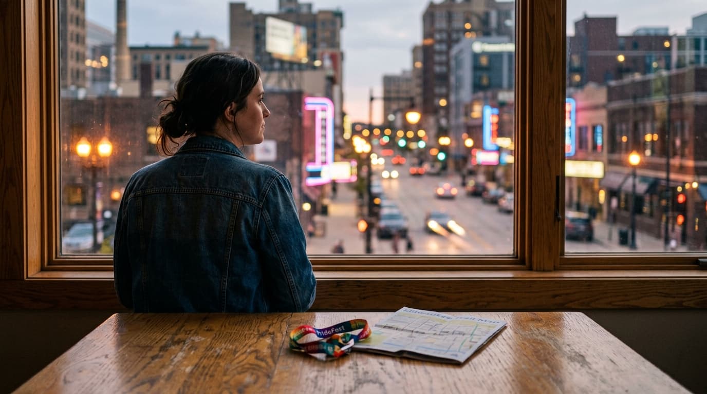 A sun-drenched oak table by a window holds a crumpled PrideFest wristband and a Milwaukee trail map. The lower third featu...
