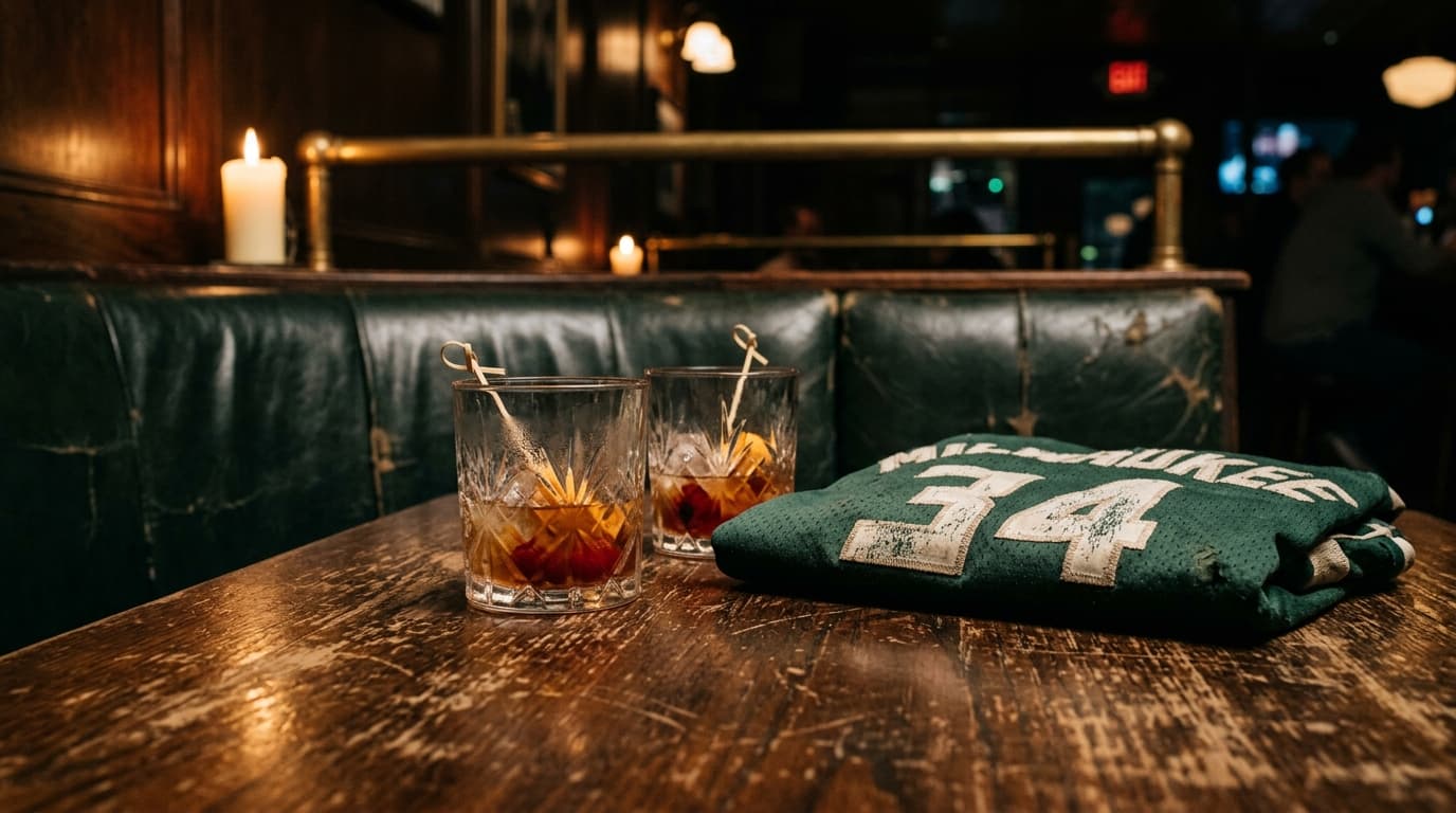 A low-angle, macro shot of a weathered leather booth in a dark Bay View tavern. A worn Milwaukee Bucks jersey sits folded...