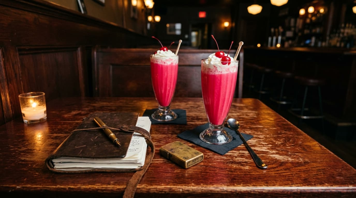 Overhead flat-lay of a mahogany table inside At Random. Two tall, neon-pink ice cream cocktails with maraschino cherries s...