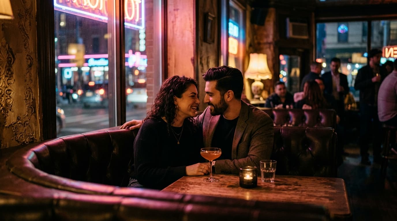 A couple sits in a dimly lit, retro lounge booth. A vintage cocktail glass sits on the table as they lean in close, illumi...