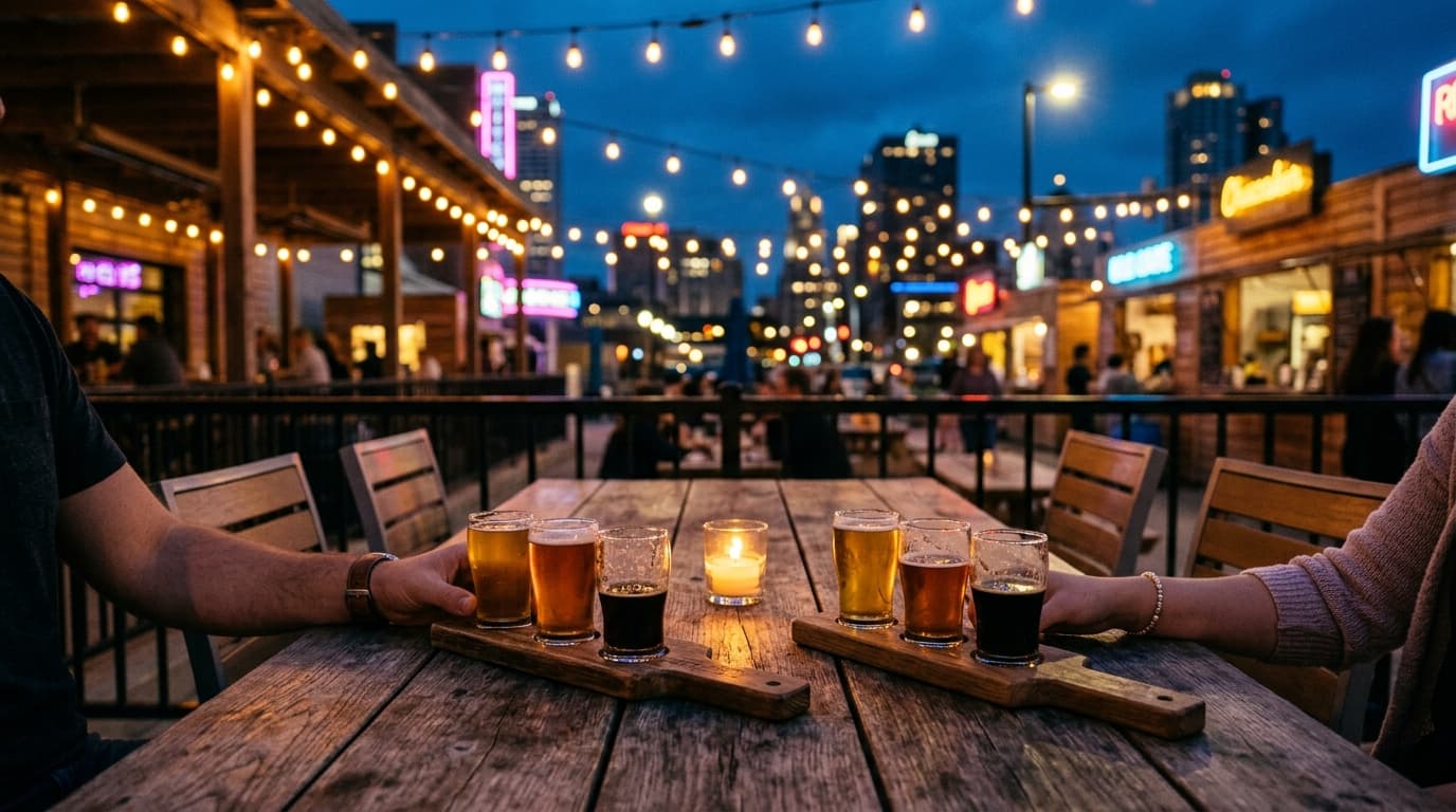 A medium shot, centered and symmetric, captures a pair of half-empty craft beer flights on a rustic wood table at an outdo...