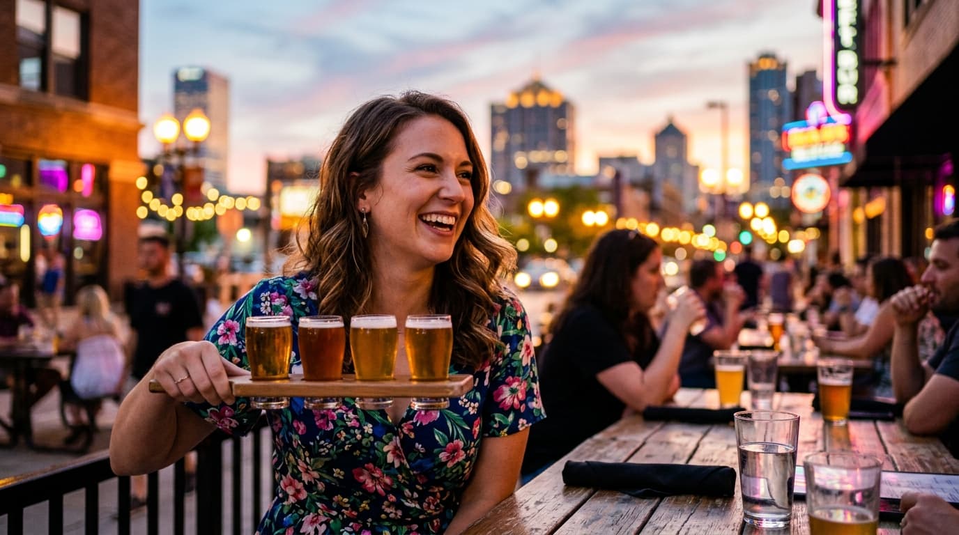 An 85mm portrait of a woman in a floral spring dress, offset left, holding a craft beer flight at an outdoor patio table....