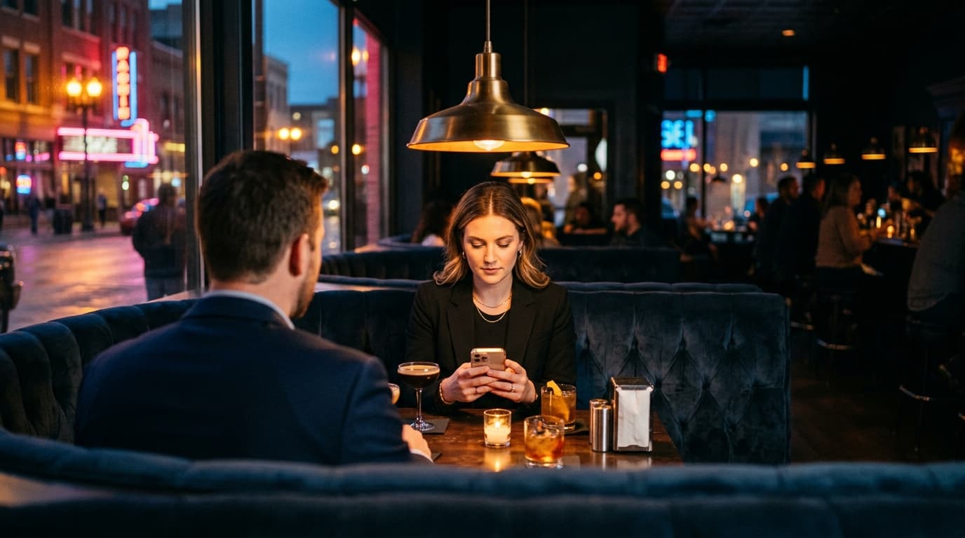 A couple in professional attire stands at a Bryant’s Cocktail Lounge table. The woman checks her smartphone under warm pen...