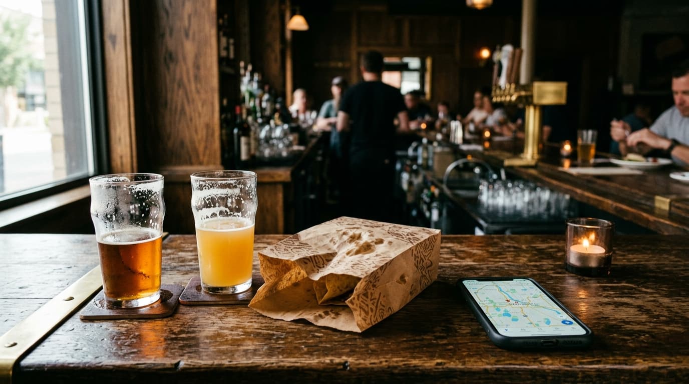 A close-up shot of a North Loop bar top showing two half-poured craft beers, a crumpled local taco bag, and a smartphone d...