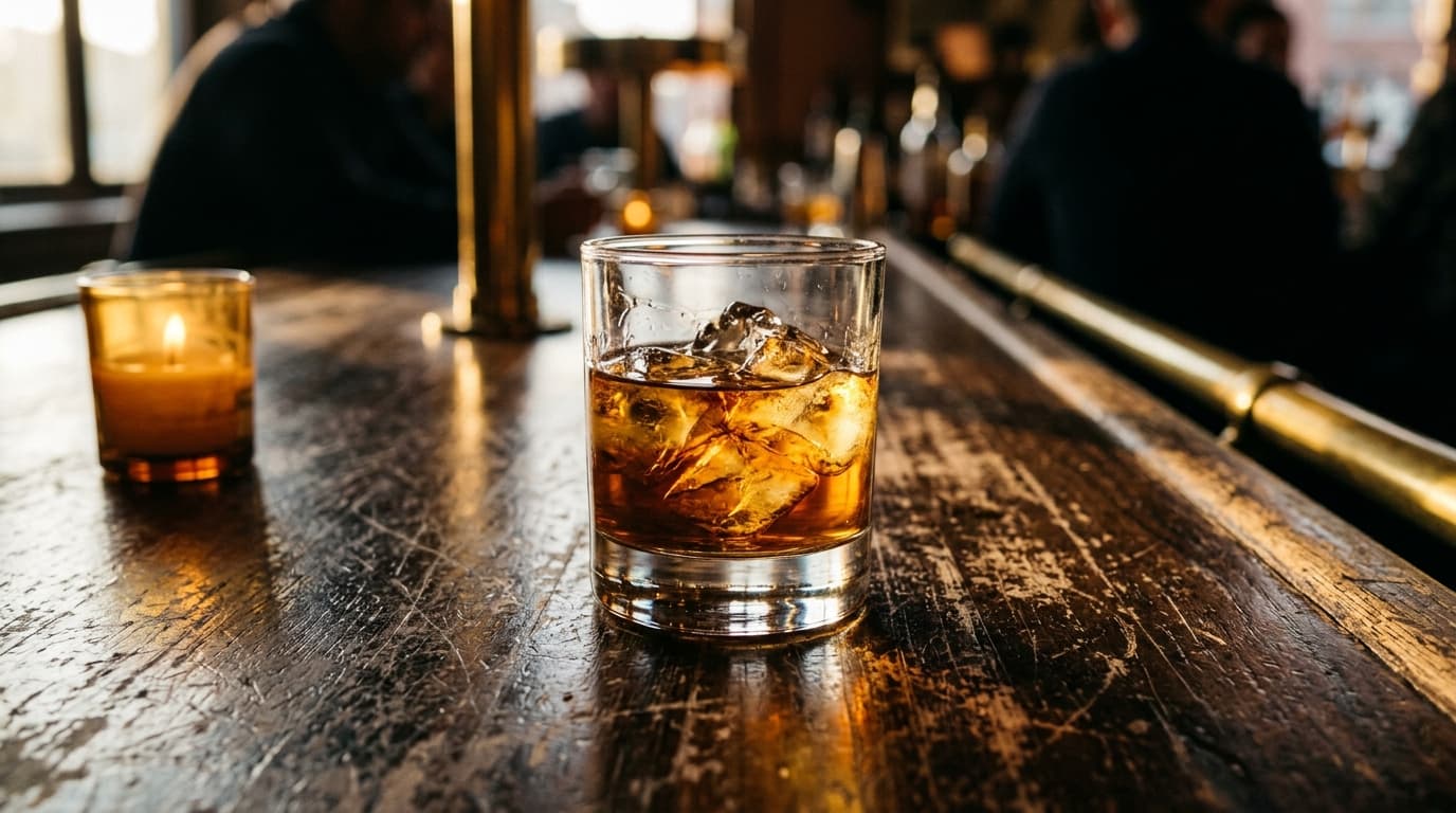Macro 100mm shot of a dark, scratched wood bar surface at Young Joni’s back bar, showing a single half-poured bourbon on t...