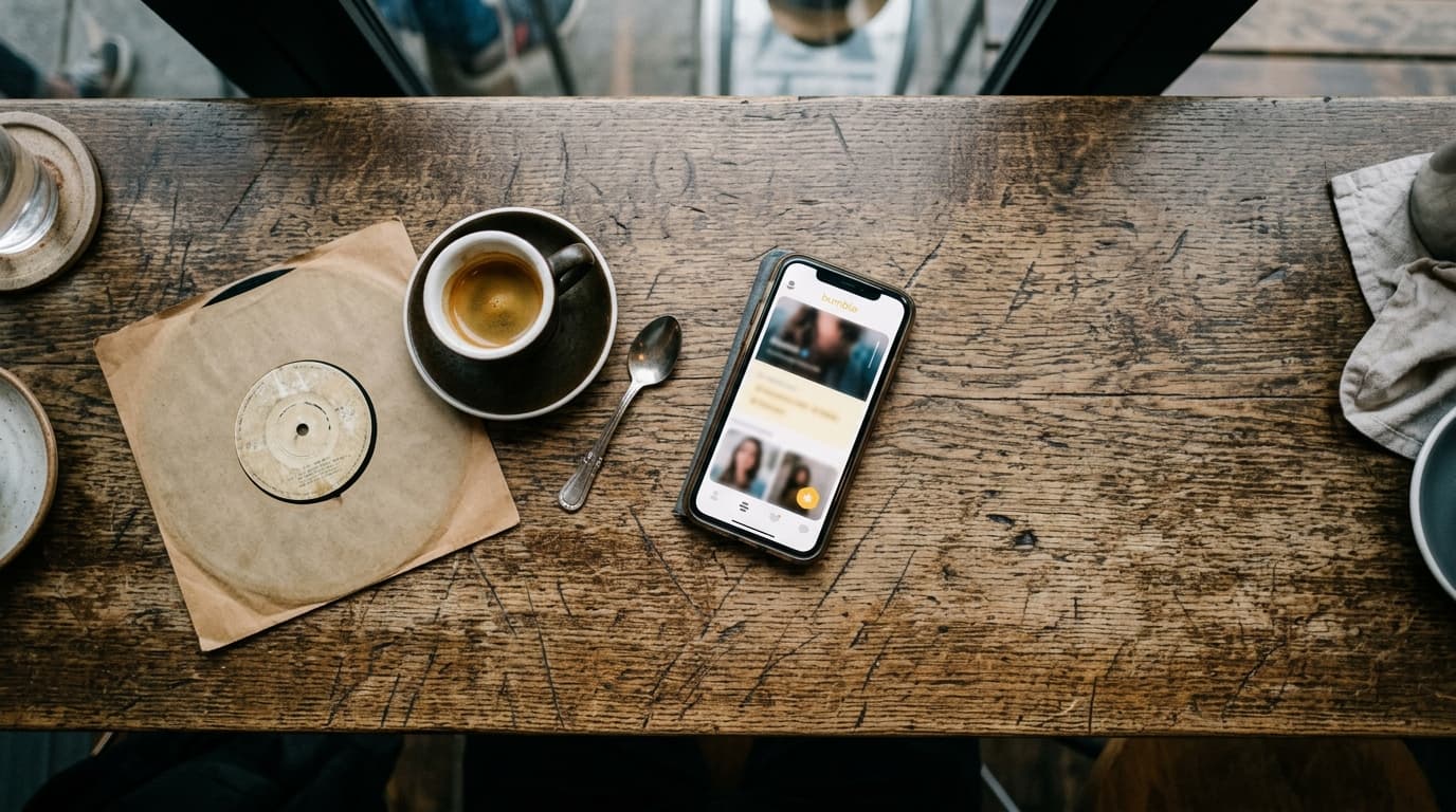 An overhead flat-lay on a weathered wooden cafe table at Meteor. A smartphone displaying a Bumble profile sits beside an e...
