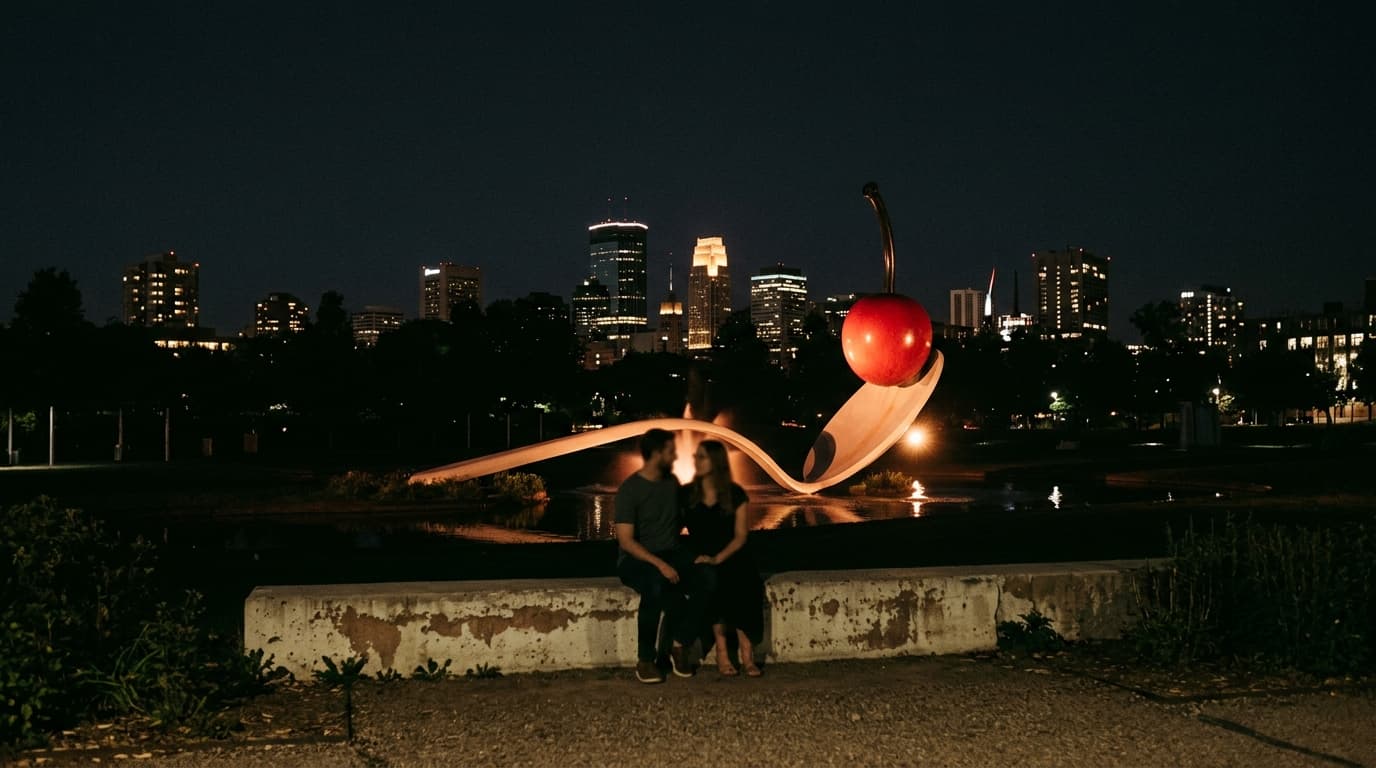 A couple sits on a low concrete wall outside the Sculpture Garden at night. Warm tungsten lights glow against the Spoonbri...