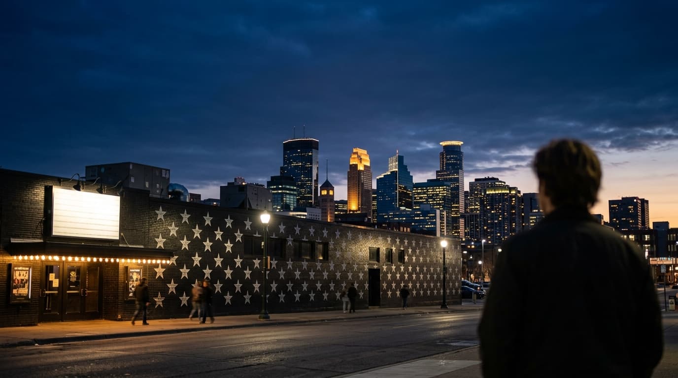 The iconic First Avenue star-painted exterior wall stands in the lower third, glowing softly under the deep navy twilight....