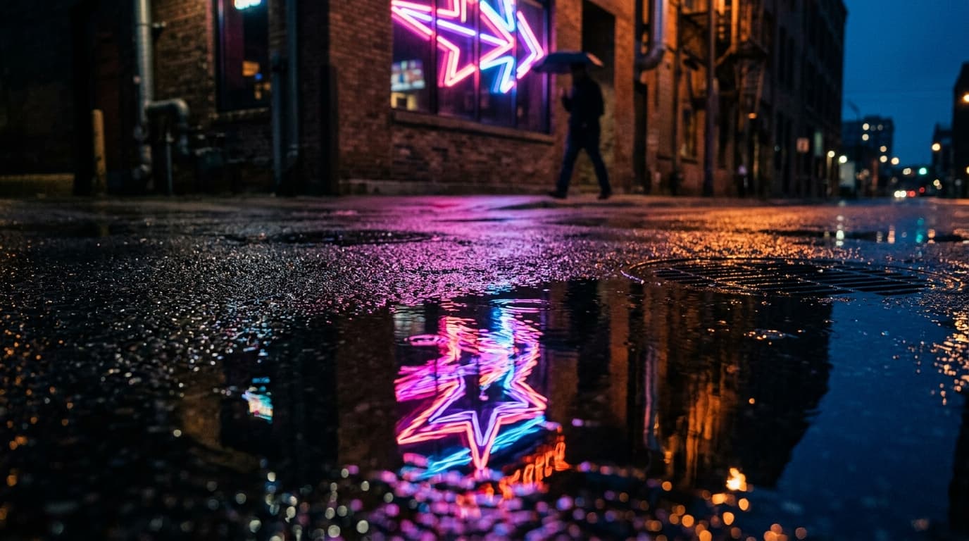 A macro, low-angle shot of a glowing neon bar sign reflected in a rain-slicked North Loop street, capturing the deep midni...
