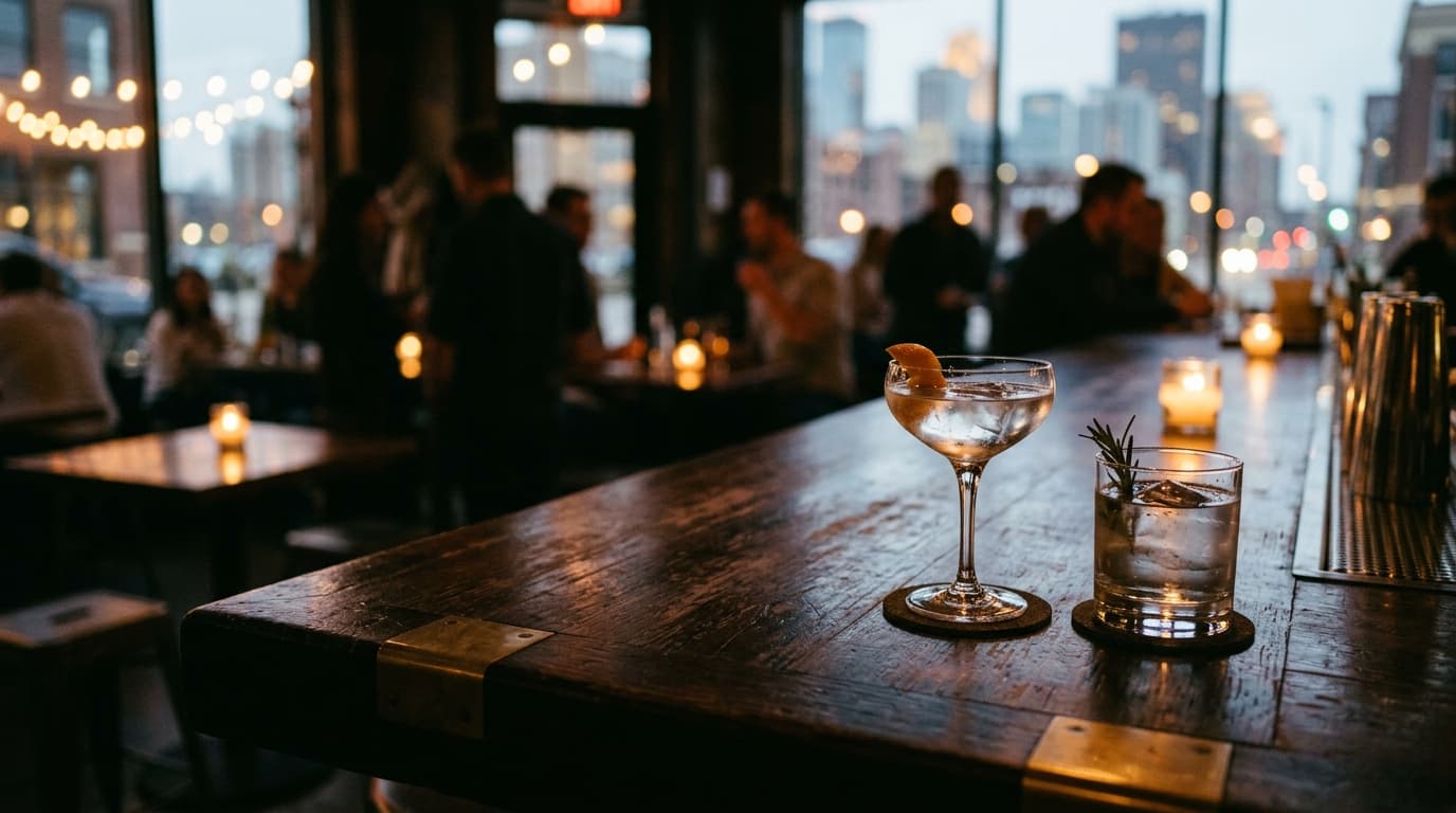 A 35mm documentary shot of a sleek North Loop cocktail bar, rule-of-thirds composition, capturing two half-poured gin drin...