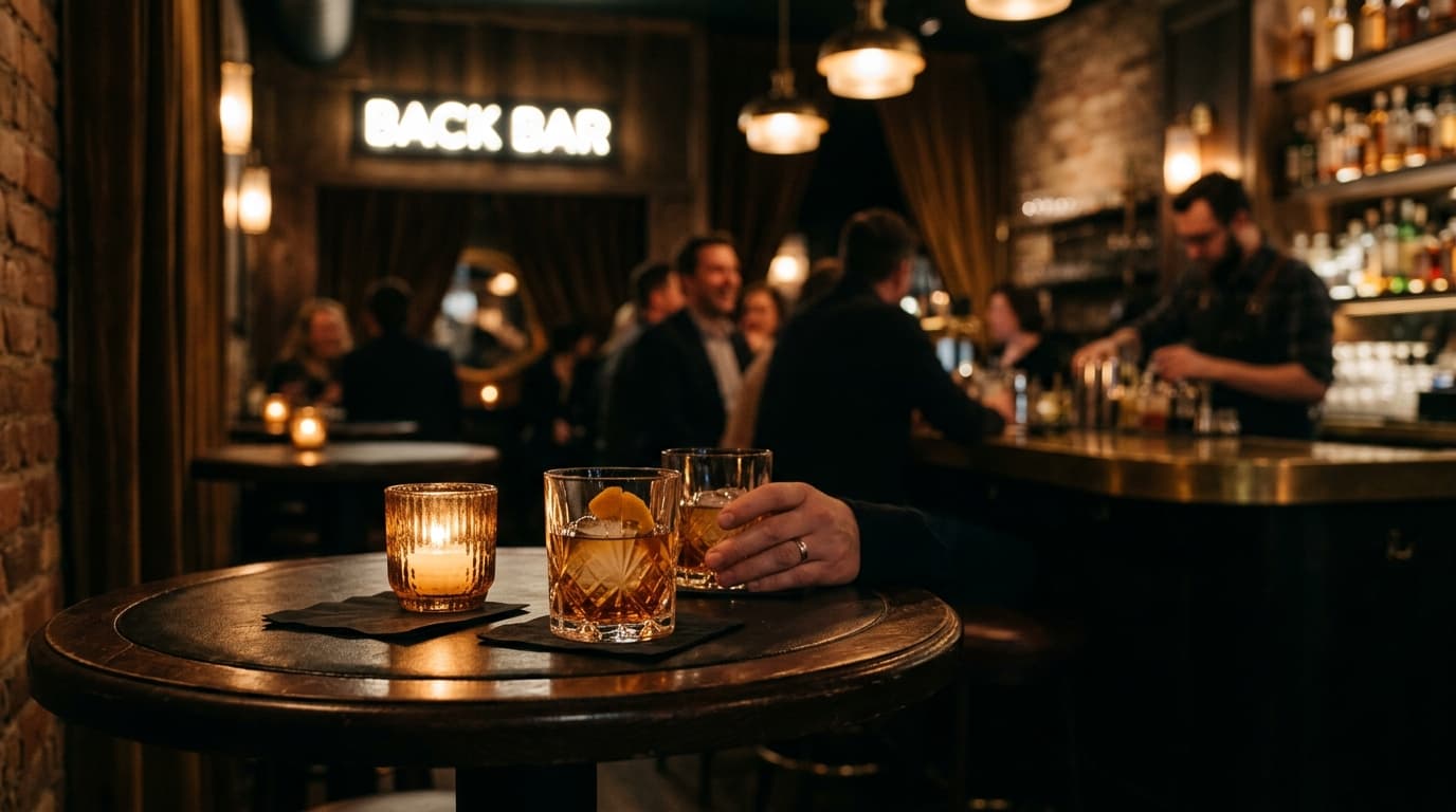 An 85mm shot inside Young Joni’s Back Bar at night. Two crystal tumblers sit on a dark, leather-topped table offset left....