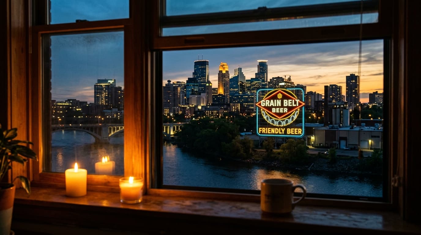 A medium shot from a warm, candle-lit apartment window, looking out at the glowing Minneapolis skyline at dusk. The histor...