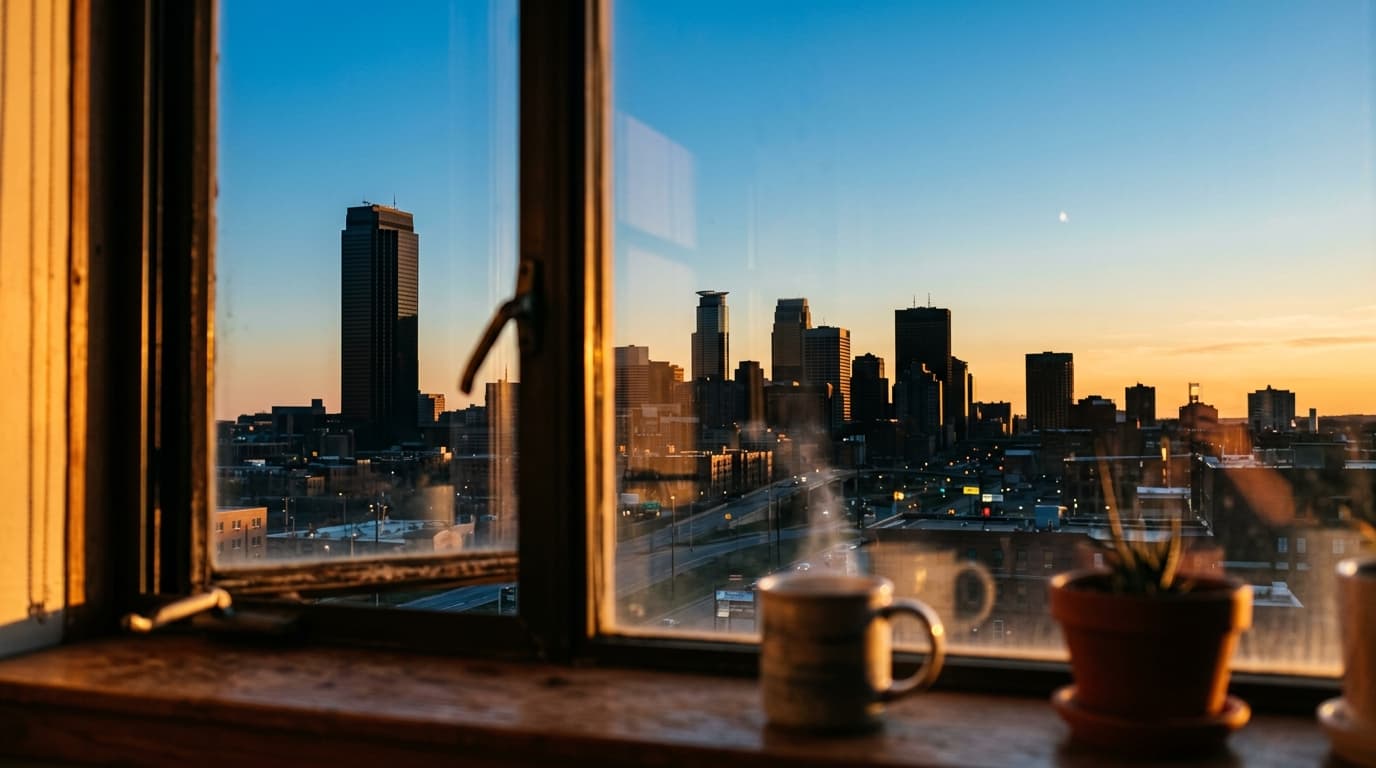 A close-up 85mm shot through a sunlit North Loop loft window, capturing the distant, sharp silhouette of the IDS Center ag...