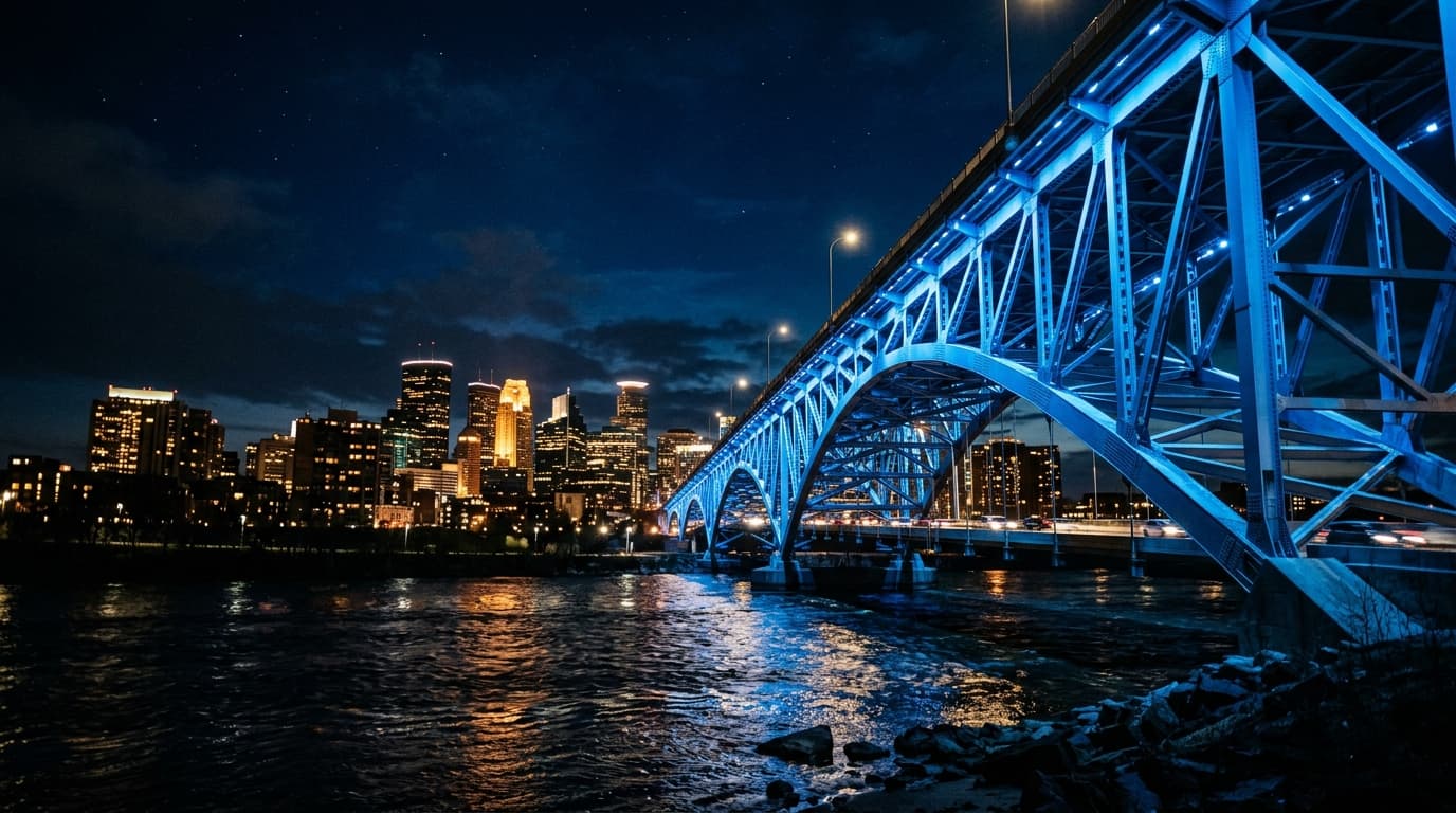 A low-angle, midnight shot looking up at the illuminated I-35W Bridge, its vibrant blue lights reflecting across the dark...