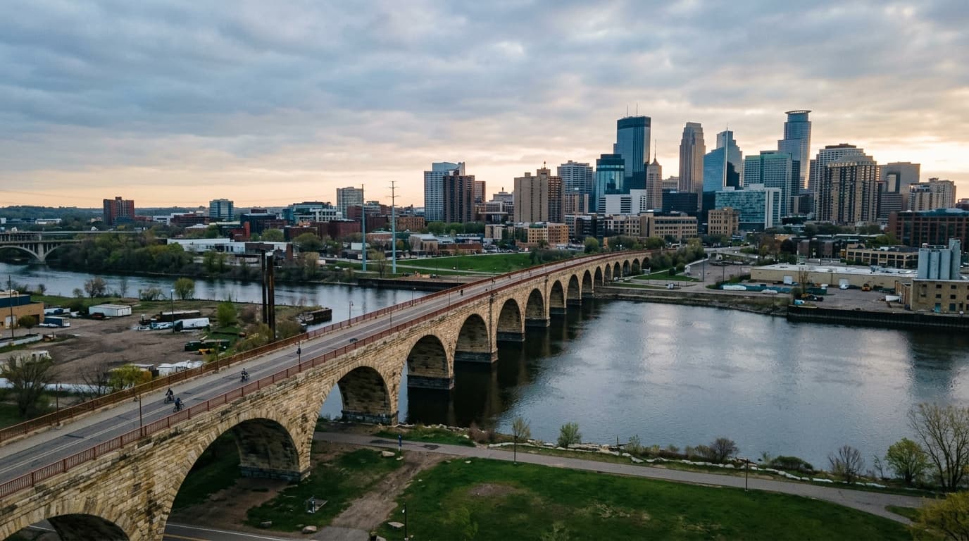 A 35mm documentary shot, overhead flat-lay perspective of the Stone Arch Bridge during an overcast morning. The iconic lim...