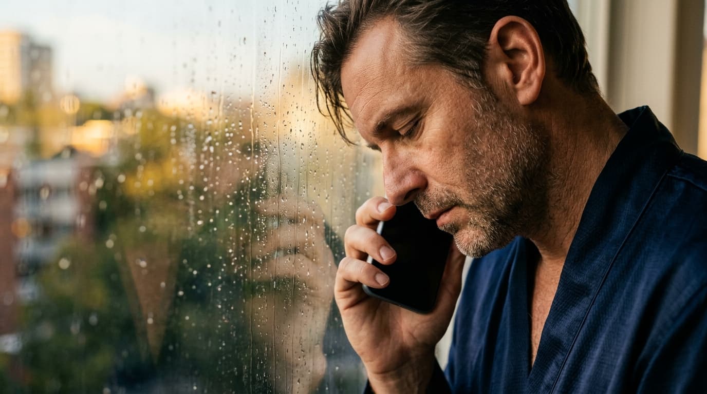 Extreme close-up, tilt-shift focus on a man in a navy silk robe, leaning his forehead against a rain-streaked window at go...