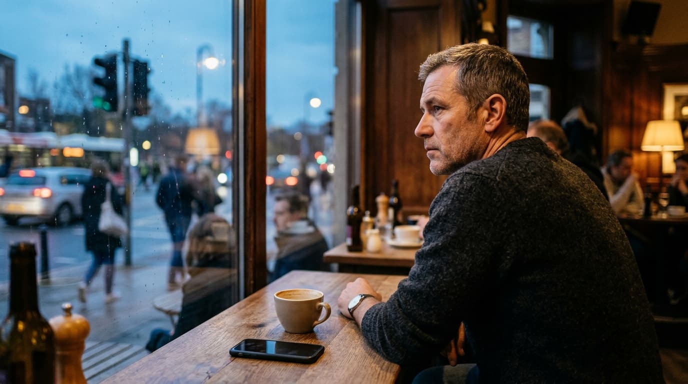 A man in a charcoal wool sweater sits at a sparse wooden cafe table. He gazes past his untouched coffee toward the street,...