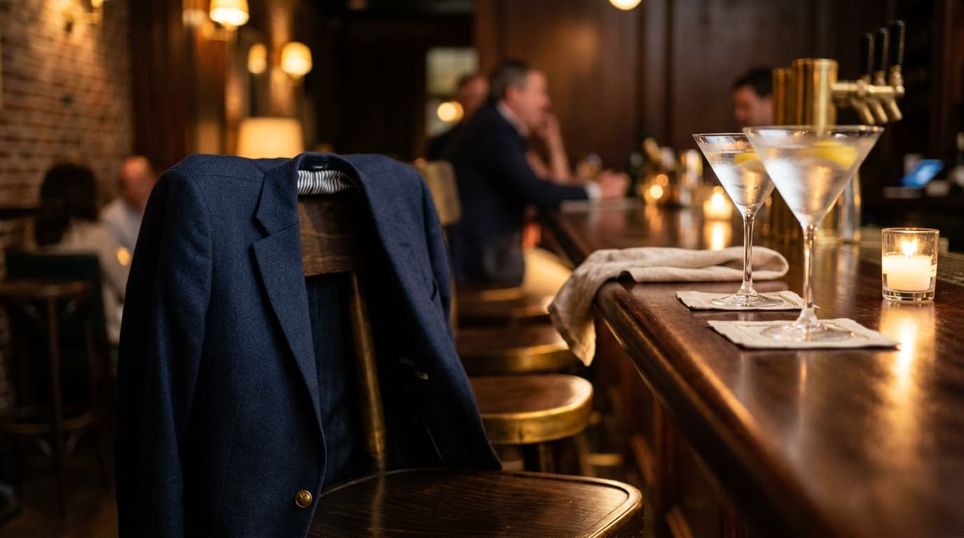 An 85mm macro shot of a sleek, navy-blue blazer draped over a bar stool in a dimly lit Montgomery lounge, with two chilled...