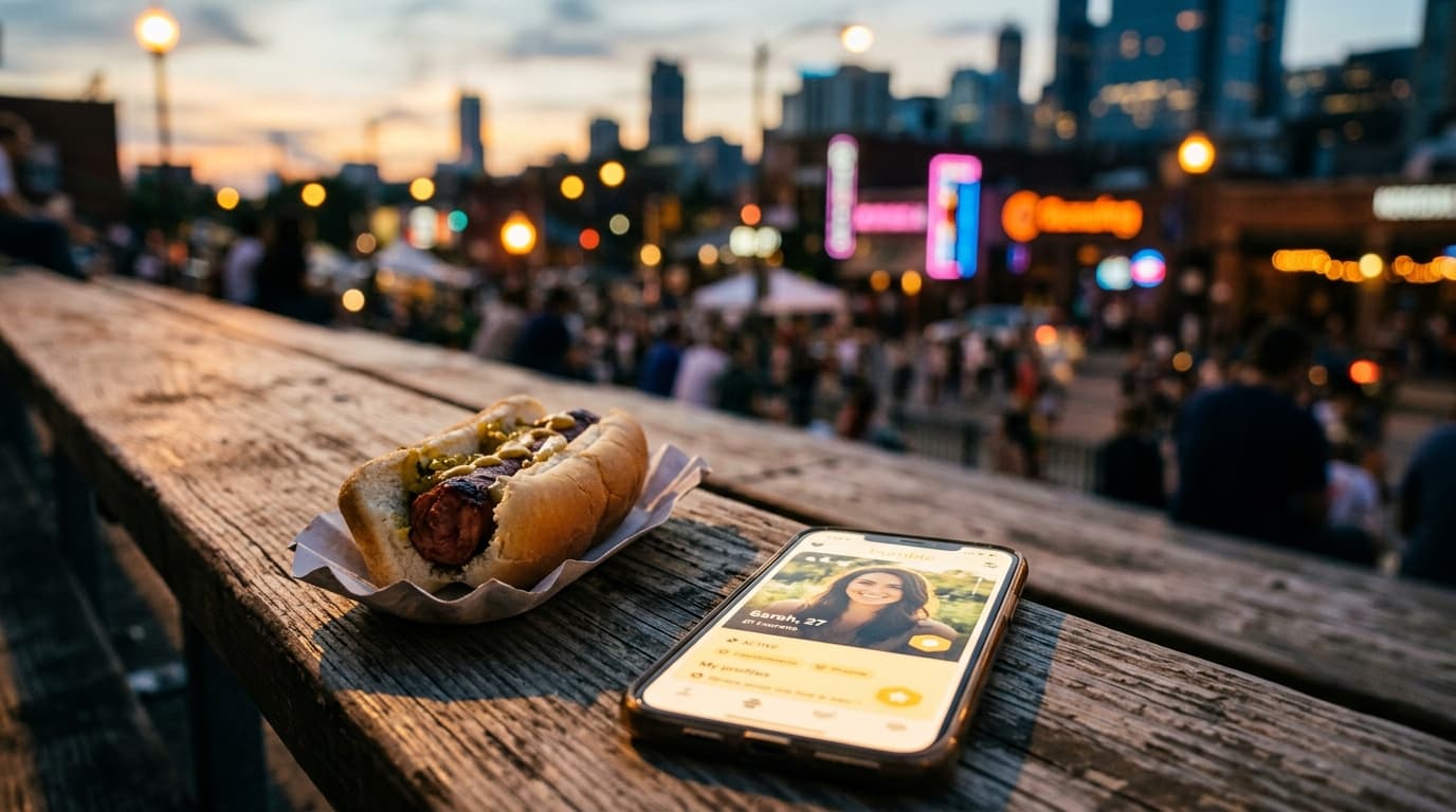 Extreme close-up macro, 50mm natural perspective. A wooden stadium bleacher holds a half-eaten hot dog and a glowing smart...
