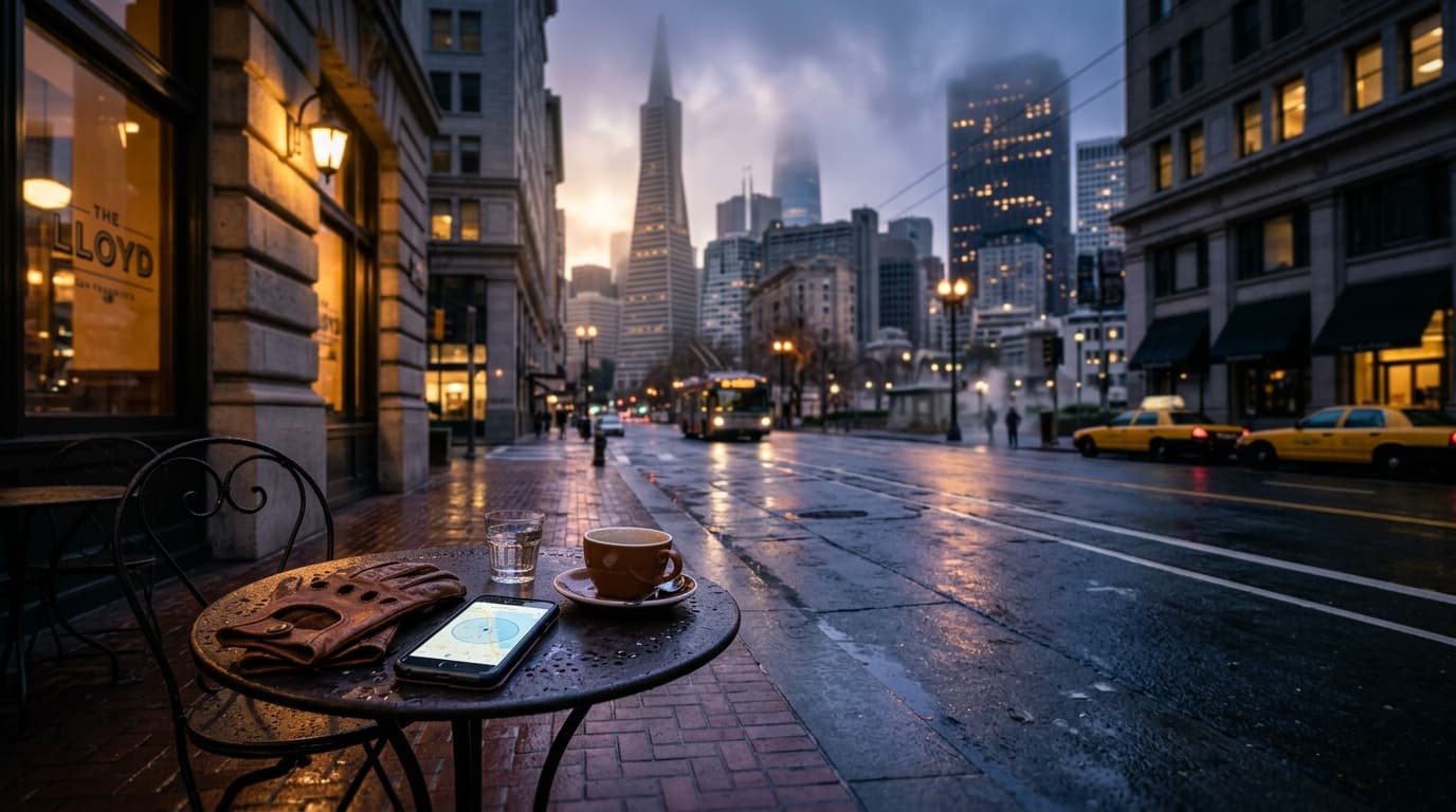 A wide, tilt-shift shot of a rain-slicked Montgomery street at night. A pair of leather driving gloves and an open smartph...