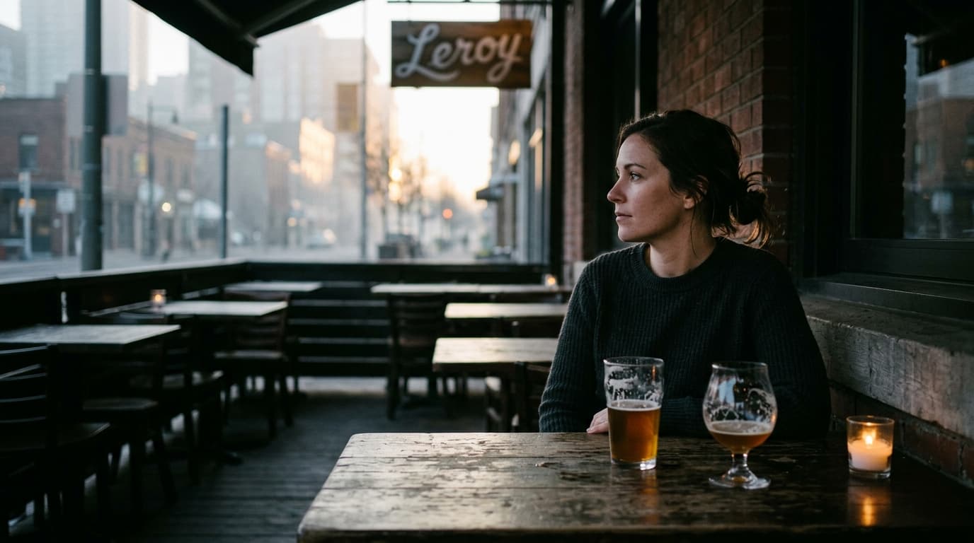 A medium shot, 35mm documentary style. Two half-empty craft beer glasses sit on a distressed wooden table at Leroy, offset...