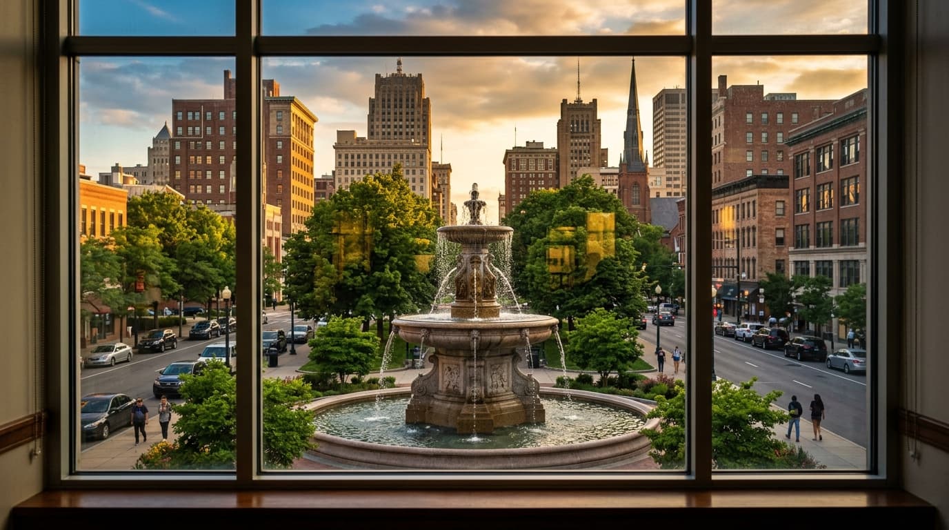A centered, symmetrical 24mm wide-angle shot at noon captures the historic Montgomery fountain through a clear window, ref...