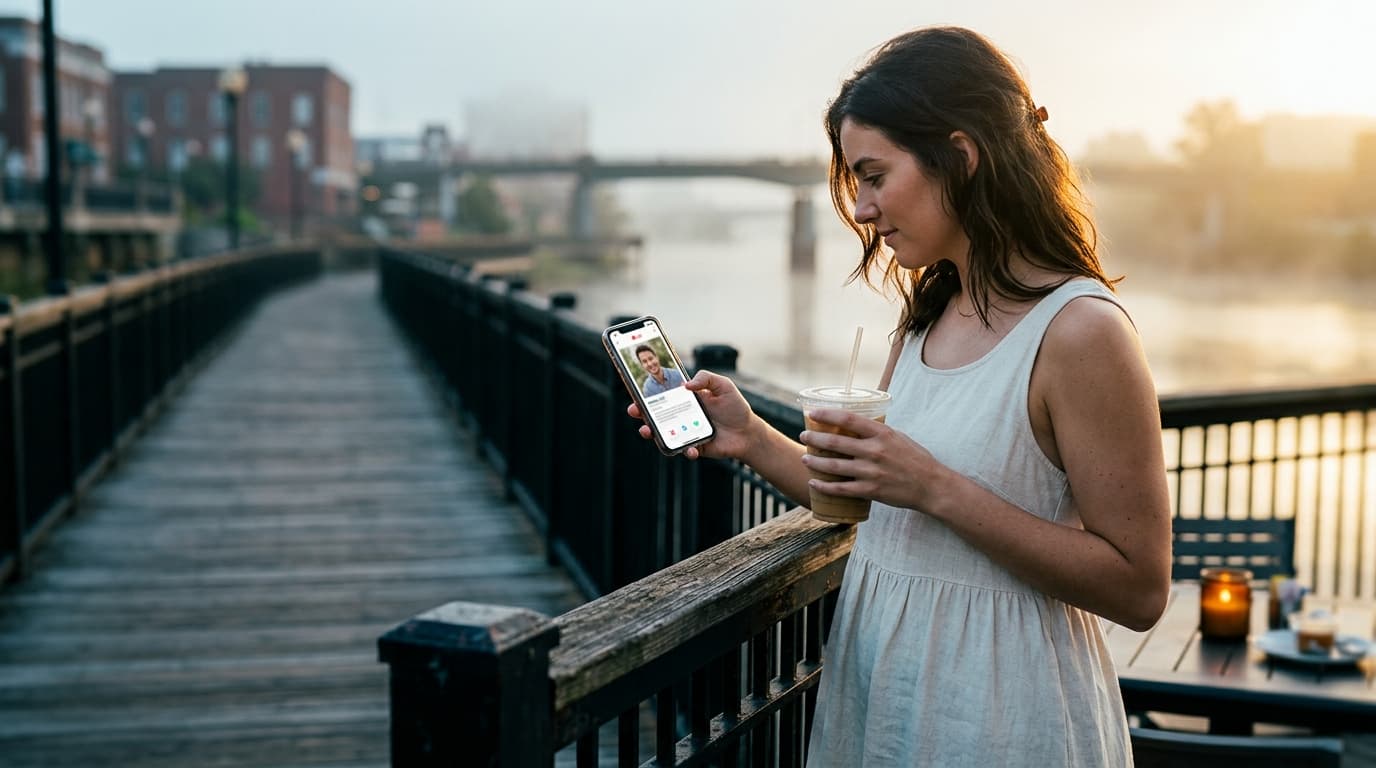 A woman in a linen sundress holds an iced coffee, leaning against a railing at the Montgomery Riverwalk. Tilt-shift focus...