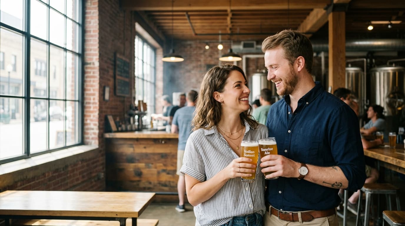 A couple stands in the sunlit industrial taproom of Common Bond Brewers, holding two craft beer glasses. Natural noon ligh...